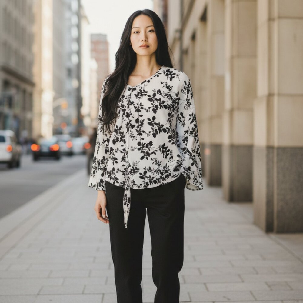 Creation White and Black Floral Blouse